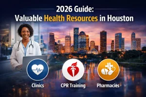 Doctor with laptop in front of houston skyline promoting 2026 guide to valuable health resources including clinics cpr training and pharmacies