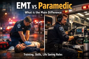 emt performing cpr next to paramedic using defibrillator in houston emergency scene comparison