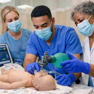 nrp-program-houston-texas-nrp-training Three clinicians in masks and blue gloves perform NRP neonatal resuscitation on a baby mannequin, rehearsing the neonatal resuscitation program algorithm and NRP resuscitation steps as part of neonatal resuscitation program certification and NRP classes near me.
