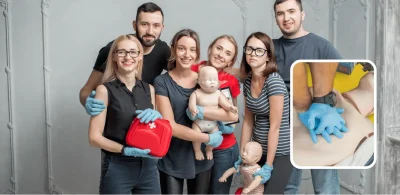 RQI o RCP Presencial en Houston: ¿Cuál Es Mejor? Grupo de instructores y alumnos practicando RCP con maniquí adulto e infantil durante clase presencial de primeros auxilios y certificación BLS en Houston Texas.