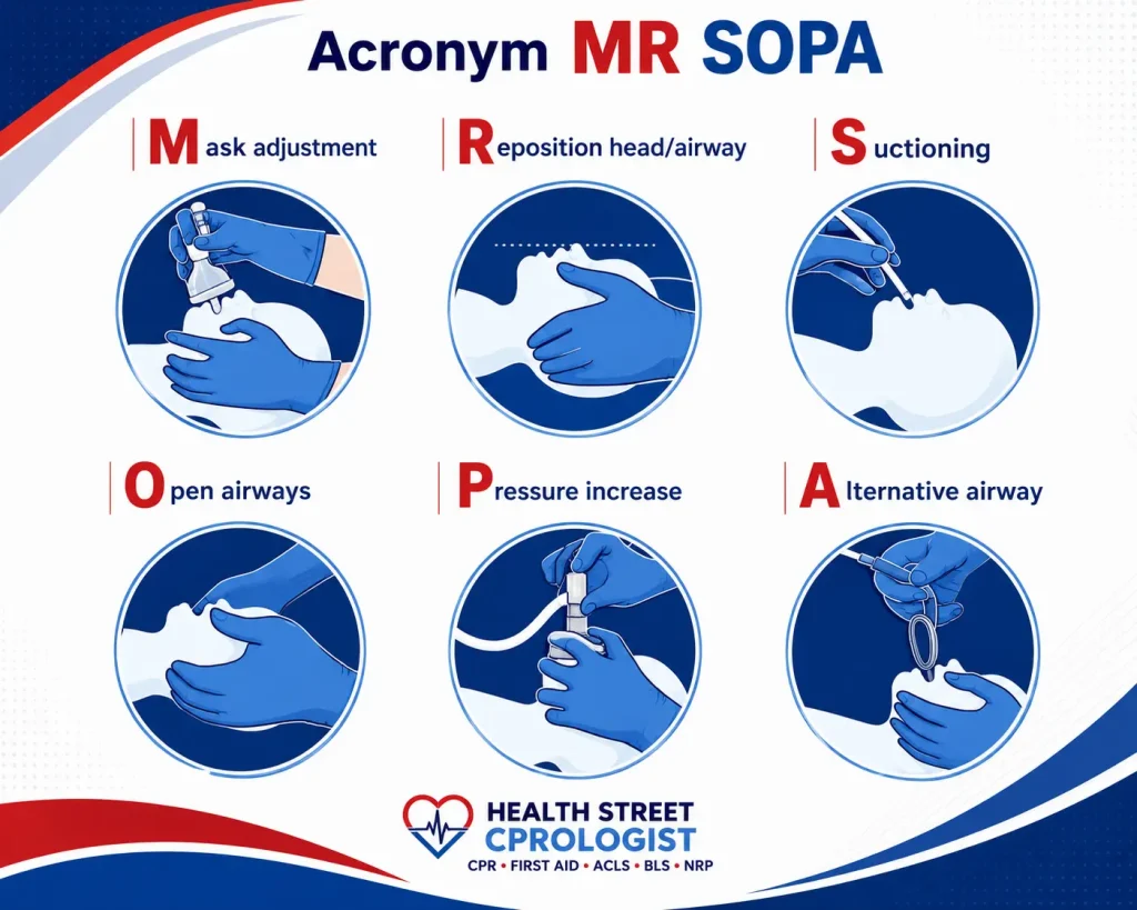 MR SOPA ventilation correction steps used in NRP training, including mask adjustment, reposition airway, suctioning, open airway, pressure increase, and alternative airway.