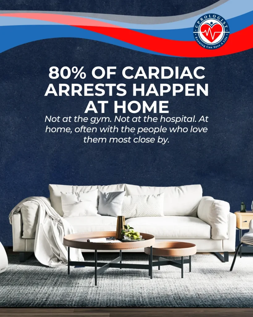 CPR training reminder that cardiac arrests often happen at home near family.