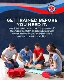 Health Street CPRologist CPR and AED class with students practicing life-saving skills.