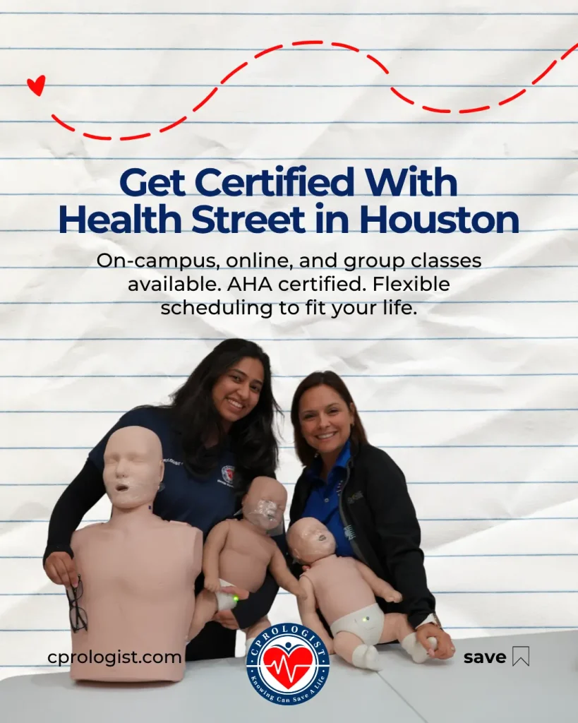 Health Street CPRologist CPR certification classes in Houston with in-person, online, and group training options.