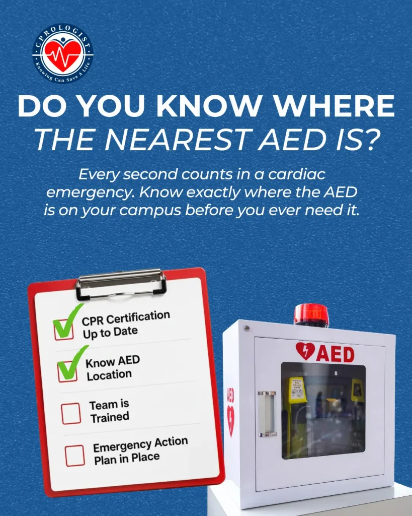 Poster promoting AED location awareness with CPR certification checklist and an AED cabinet on a blue textured background.