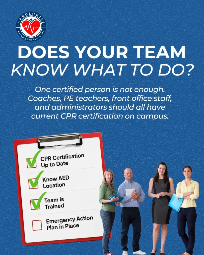 Poster promoting team CPR readiness: bold title and a checklist showing up-to-date CPR, AED location known, trained team, and emergency plan.