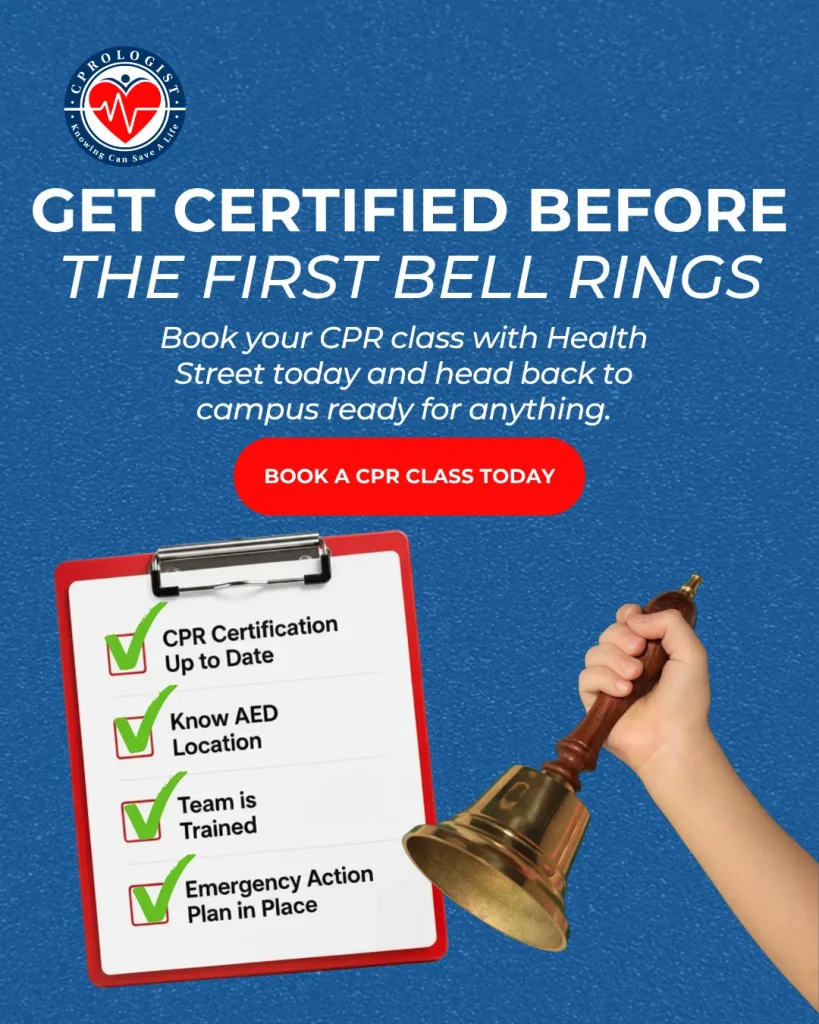 Blue promotional poster for CPR class: CPR logo, large white headline 'GET CERTIFIED BEFORE THE FIRST BELL RINGS', subheading, red rounded 'BOOK A CPR CLASS TODAY' button, clipboard checklist with green checks and a hand holding a bell against a textured blue background.