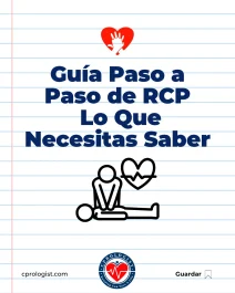 ¿Qué Incluye una Clase de RCP de 4 Horas? CPR guide cover in Spanish: bold title 'Guía Paso a Paso de RCP Lo Que Necesitas Saber' with a red heart-hand icon and a simple CPR illustration on lined notebook background