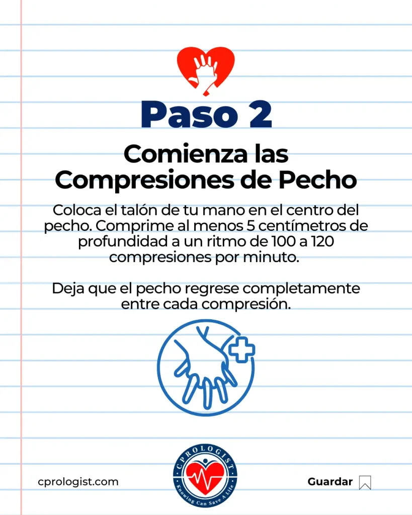Paso 2: comienza las compresiones de pecho; coloca el talón en el centro del pecho y comprime 5 cm a 100–120/min, dejando que el pecho vuelva entre compresiones.