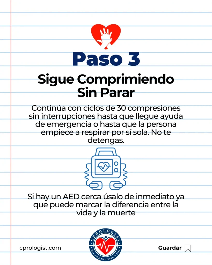 Paso 3: sigue comprimiendo sin parar; instrucciones para compresiones en CPR con icono de corazón y monitor, en fondo de cuaderno lineado.