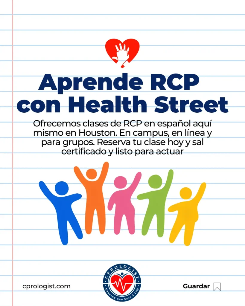 Promotional poster in Spanish for learning CPR with Health Street: big navy title, heart-with-hands logo, explanatory paragraph, colorful dancing figures, notebook-lined background, and logos/URL at the bottom.