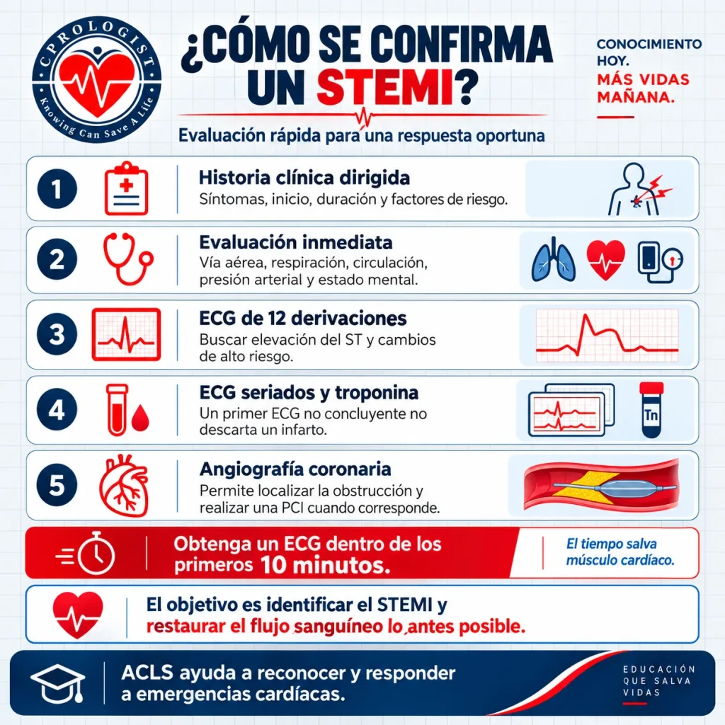 Infografía en español sobre cómo confirmar un STEMI con historia clínica, ECG de 12 derivaciones, ECG seriados, troponina y angiografía coronaria.