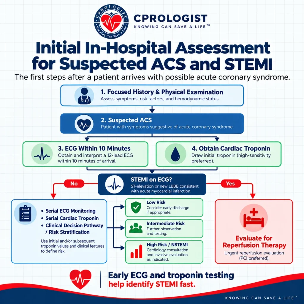 In-hospital STEMI assessment infographic showing 12-lead ECG within 10 minutes, cardiac troponin testing, serial ECGs, and reperfusion evaluation.