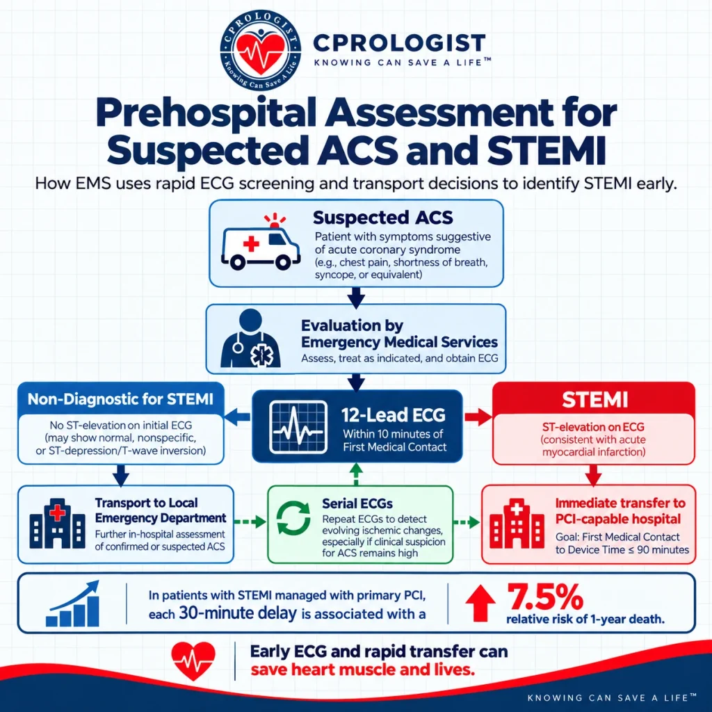 Prehospital STEMI assessment infographic showing rapid 12-lead ECG, serial ECGs, EMS evaluation, and transfer for suspected acute coronary syndrome