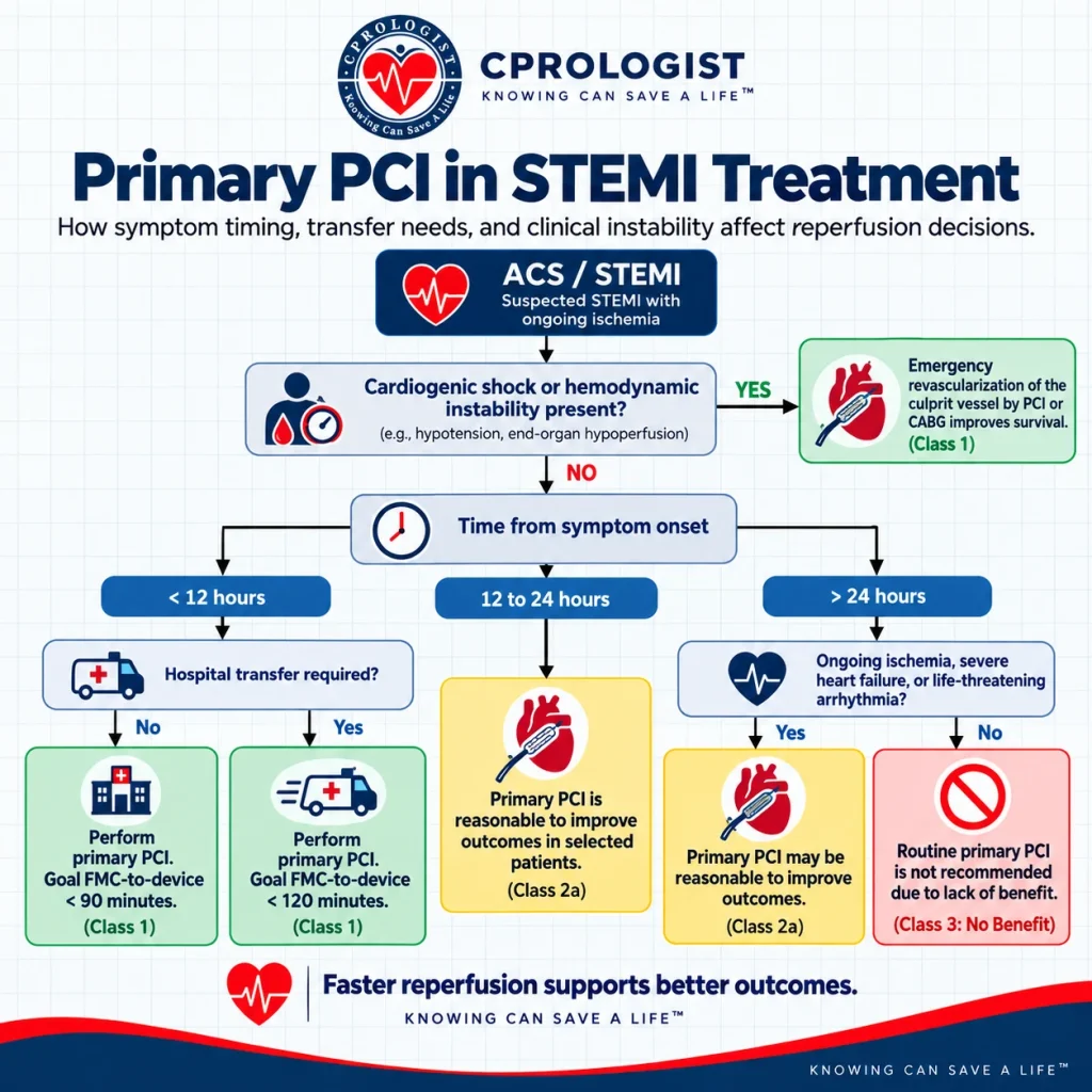 Primary PCI treatment pathway for STEMI showing cardiogenic shock, symptom timing, hospital transfer, and urgent reperfusion with percutaneous coronary intervention.