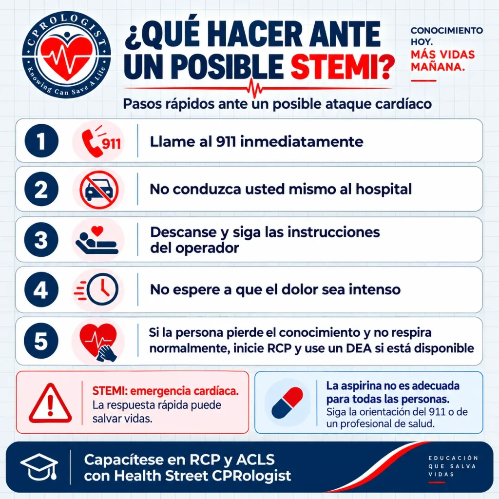 Infografía en español sobre qué hacer ante un posible STEMI, con pasos para llamar al 911, no conducir al hospital, iniciar RCP y usar un DEA.