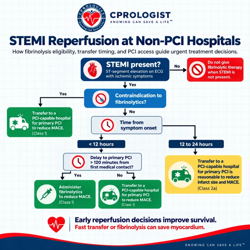 STEMI reperfusion infographic for non-PCI hospitals showing fibrinolysis eligibility, transfer timing, and referral to a PCI-capable hospital.