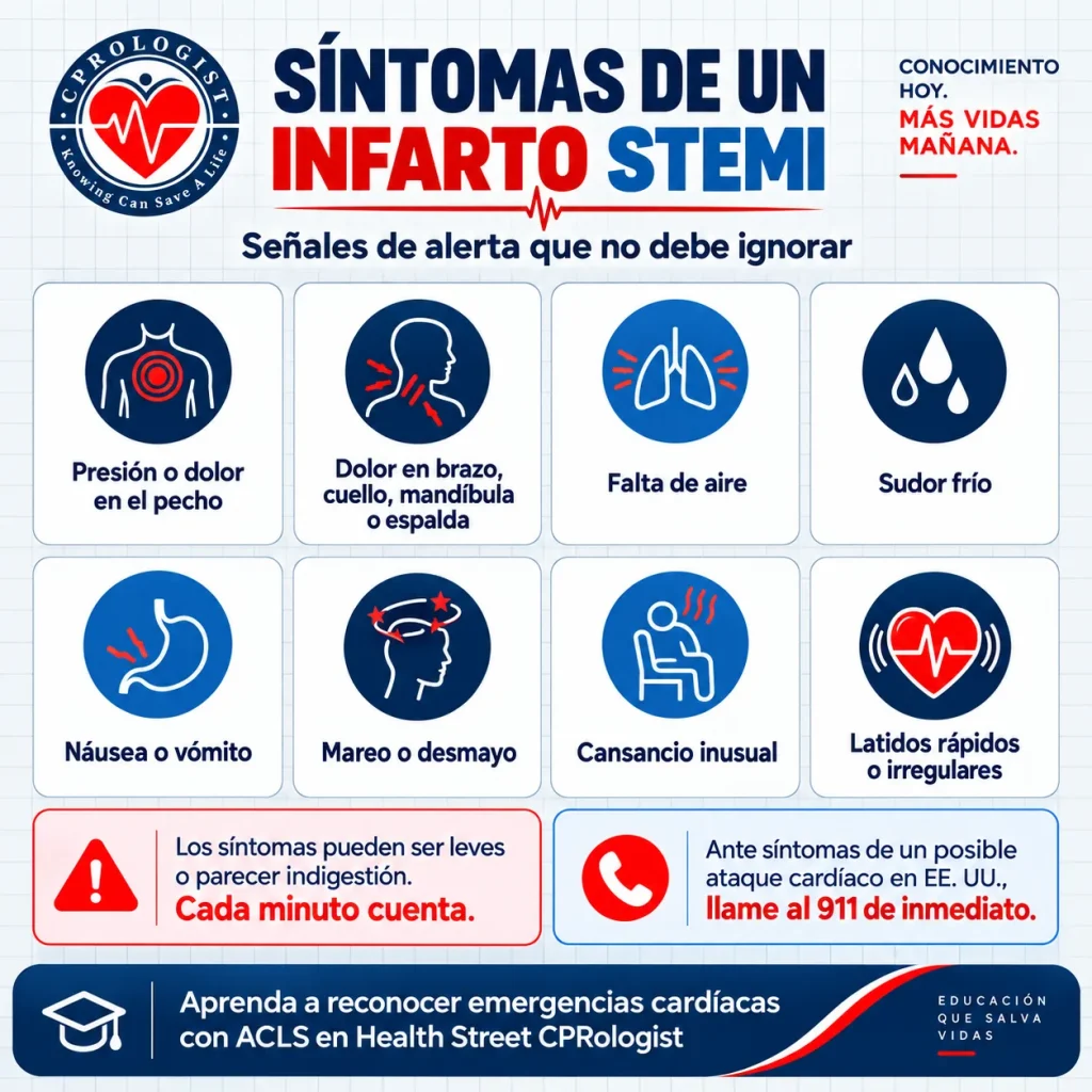 Infografía en español sobre síntomas de un infarto STEMI, incluyendo dolor en el pecho, falta de aire, sudor frío, náusea, mareo y latidos irregulares.