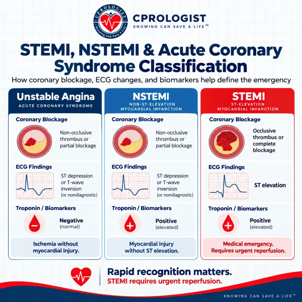 STEMI vs NSTEMI acute coronary syndrome infographic comparing ECG changes, coronary blockage, cardiac troponin, and unstable angina.