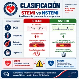 ¿Qué es un infarto STEMI? Síntomas, ECG y por qué cada minuto cuenta Infografía STEMI vs NSTEMI en español que compara ECG, troponina, obstrucción coronaria y urgencia del tratamiento para reconocer un infarto STEMI.